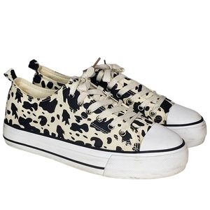 OLIVIA MILLER Serena Lace Up Sneakers Black White Holstein Print Sz 10